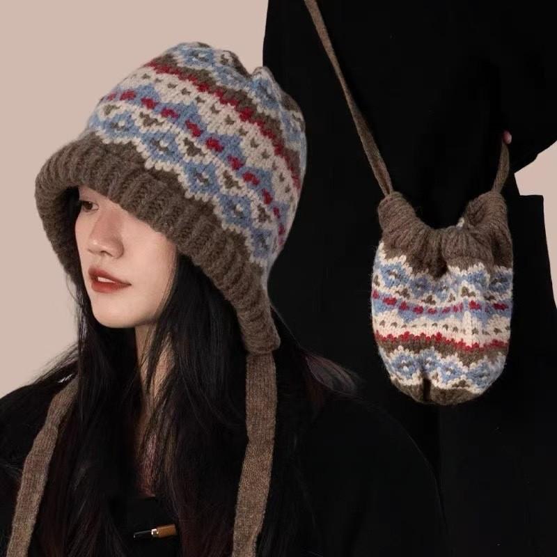Fel Island Style Knitted Hat, Women, Winter, Balaclava Hat, Bag Dual-use, Warm, Plush Pile Yarn Hat