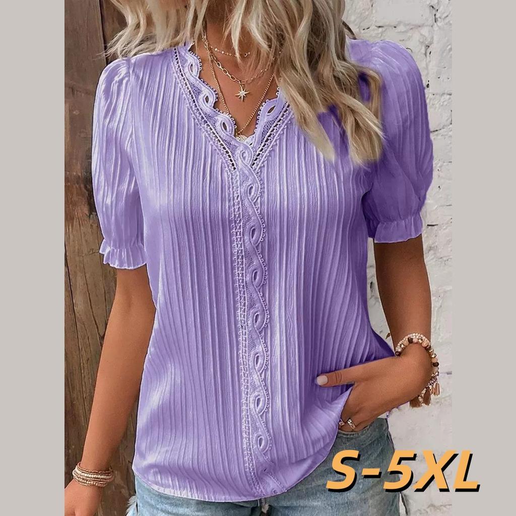 Summer Vacation Fashion Hollow V-neck Lace Short-sleeved Women's Shirt