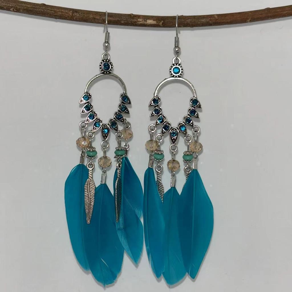 Vintage Bohemian Feather Tassel Earrings Exaggerated Ethnic Vacation Dangle Ear Jewelry Fashion Accessories For Women