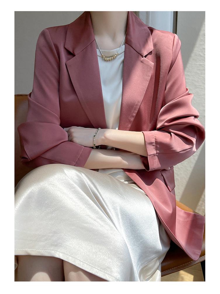 White Silk Satin Women's Suit Jacket - High-End Korean Style for Spring/Autumn 2025