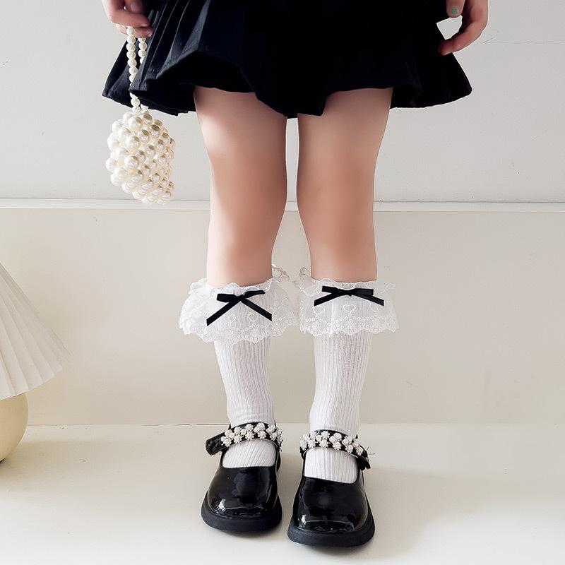 Children's Socks Summer Lolita Wooden Ear Mesh Ribbon Large Bow Mid-tube Socks for Girls