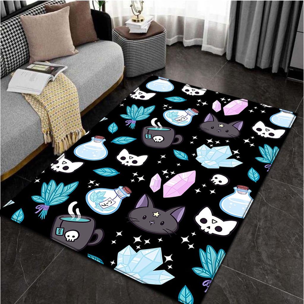 Charming Skull Cat Halloween Floor Mat - Machine Washable Polyester Rug for Living Room & Bedroom Decor
