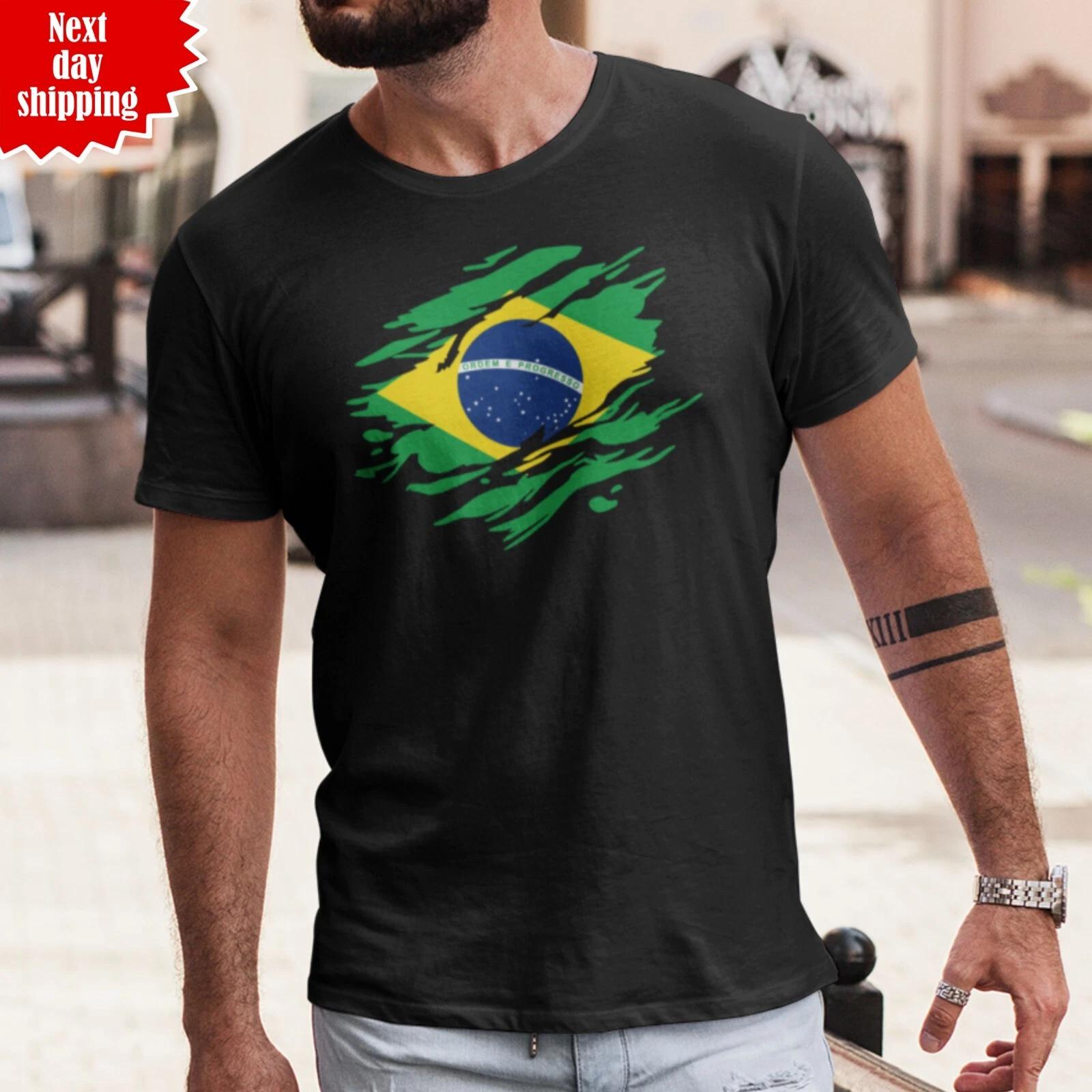 Torn Brazil Flag T Shirt Brazilian Day Football Mens Short SLeeve Crew Neck Top L
