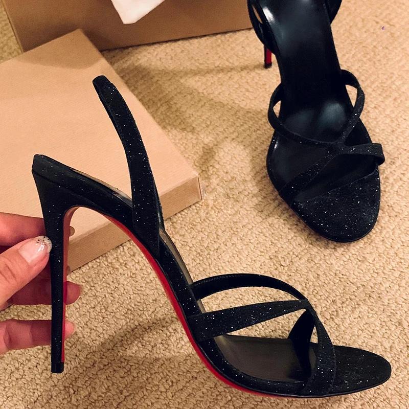 Fashion 2025 New Summer Black Glitter High Heels for Women, Sexy Date, Open toed, Thin Heels, Straight Strap Sandals