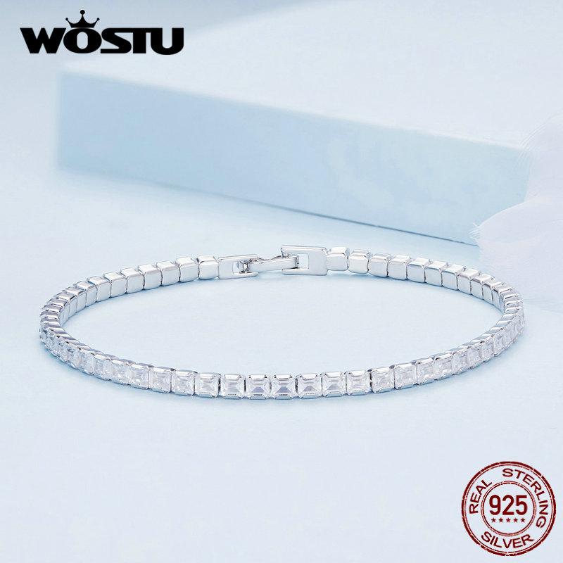 WOSTU 925 Sterling Silver Square Shiny Cubic Zirconia Tennis Bracelets For Women Euro Simple Splice Bangle Wrist Jewelry Gift