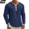 Camicia Henley da Uomo in Lino con Bordi a Contrasto - Manica Lunga Abbottonatura Casual Vestibilità Larga Vintage Leggera Top Quotidiano