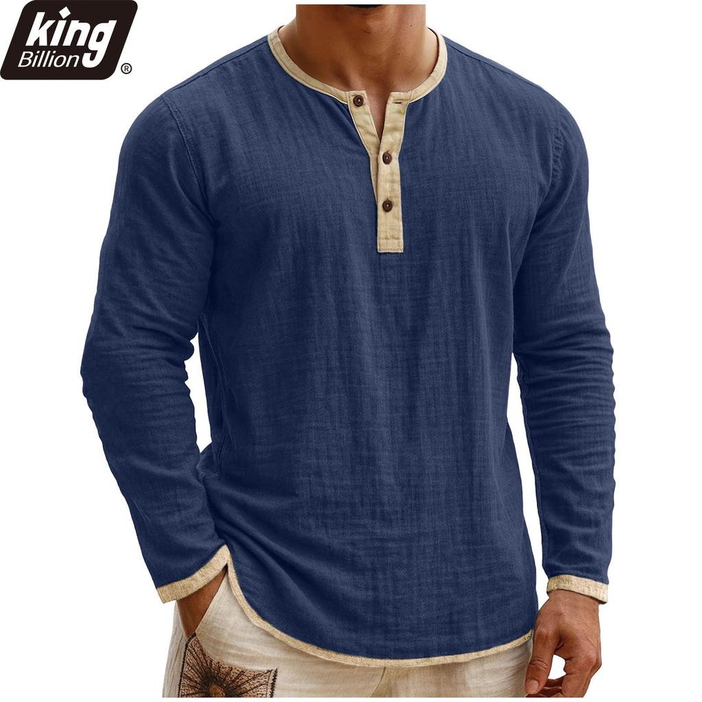 Camicia Henley da Uomo in Lino con Bordi a Contrasto - Manica Lunga Abbottonatura Casual Vestibilità Larga Vintage Leggera Top Quotidiano