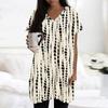 Womens Tops V-neck Short Sleeve Blouses Casual Mid-length Shirts Fashion Print Tunic Tops With Pockets