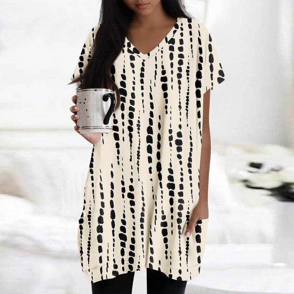 Womens Tops V-neck Short Sleeve Blouses Casual Mid-length Shirts Fashion Print Tunic Tops With Pockets