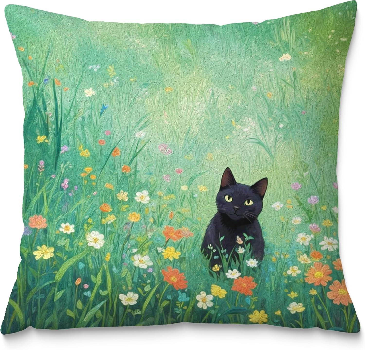 

FunnyVintage Cute Anime BlackCat Ramen Noodles Pillow Covers,Aesthetic BlackCat Art Painting DecorPillow Covers for Room Bedroom 16x16Inch
