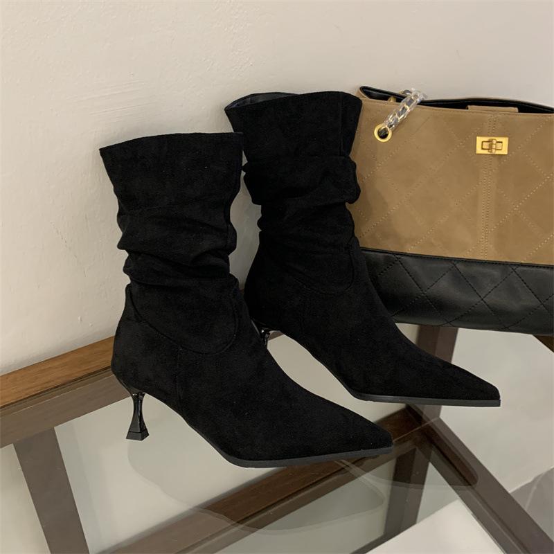 Mi Ting Mid Boots Retro Suede Wrinkled Thin Stacking Boots Women's Autumn and Winter Pointed High Heel Thin Boots Simple Short Boots