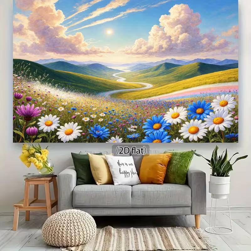 2D Spring Meadow Tapestry for Living Room, Colorful Wildflowers and Mountain Landscape