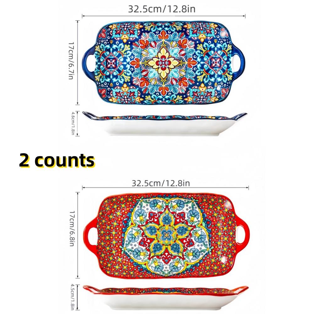 1pc Bohemian style ceramic fish dish with handle: 12.8-inch rectangular dining table tray, suitable for microwave and oven