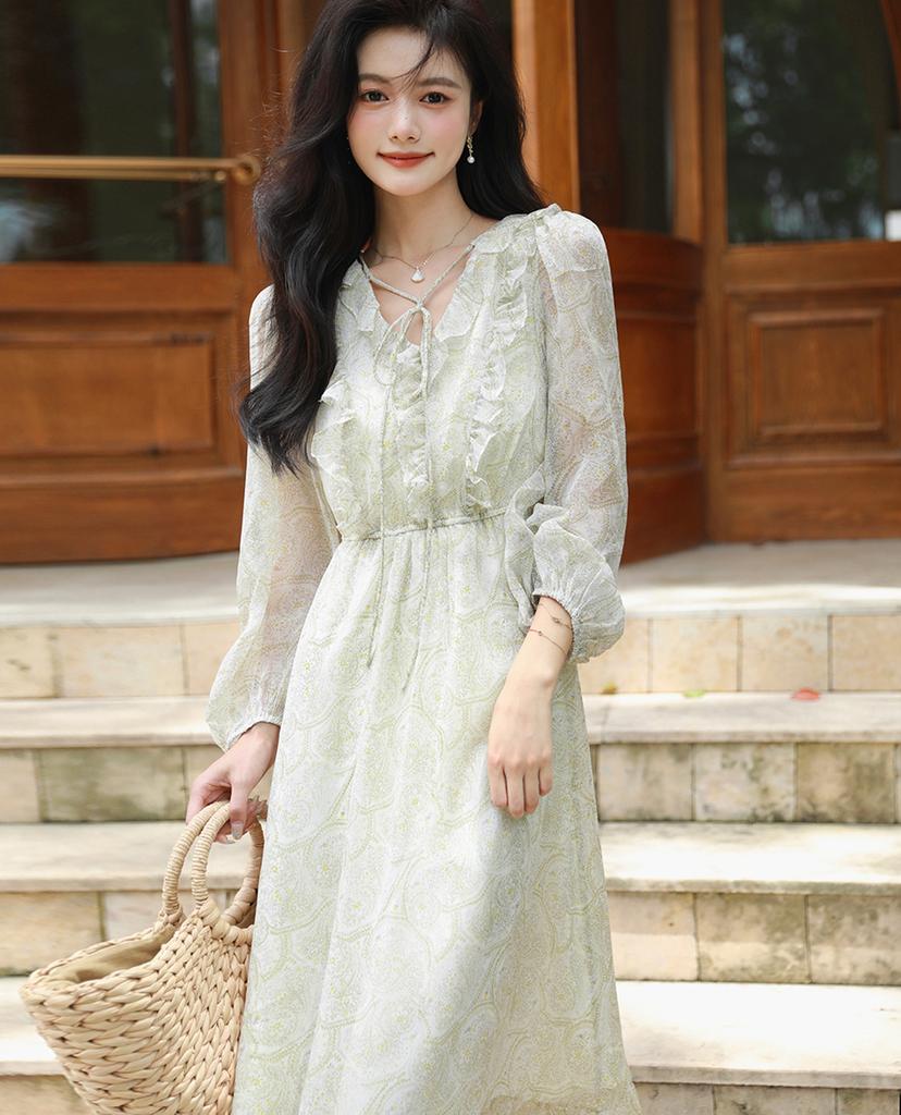 Summer Floral Chiffon Office Ladies Dress Women Long Sleeve Elegant Vintage  Midi Dresses  buy the best products in the Ayzeze online store