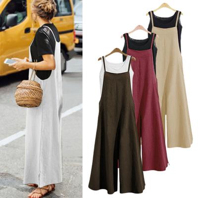 Women Summer Jumpsuit Square Neck Sleeveless Spaghetti Strap Wide Leg Deep Crotch Loose Solid Color Casual Daily T-shirt Matching Long Jumpsuit