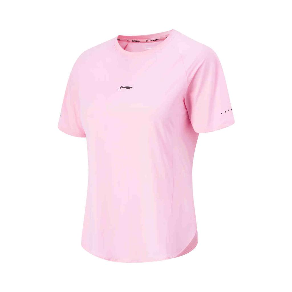 Li Ning Running Series Solid Color Round Neck Comfortable Moisture Wicking Versatile Short Sleeve T-Shirt Women Tops Light-Pink ATSU580-2
