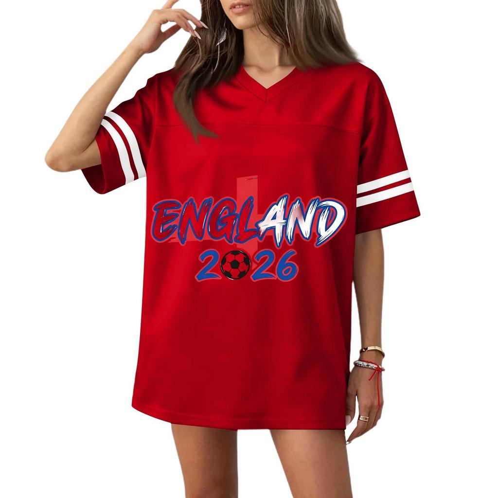 Women V Neck Short Sleeve Casual Loose Fit Sports T Shirt with 2026 Football Flag Print for Outdoor Activities