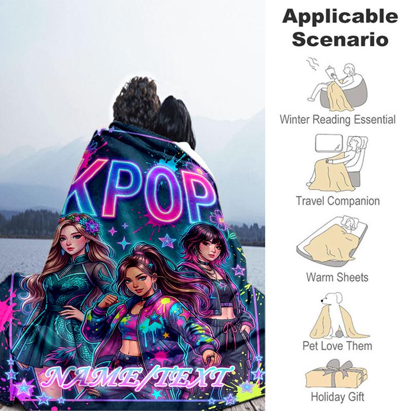 1PC Custom Name KPOP Neon Fashion flannel blanket versatile,all-season throw suitable for the living room,bedroom,camping,travel,and gift