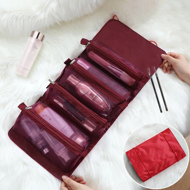 4 In 1 Cosmetic Bag For Women Zipper Mesh Separable Cosmetics Pouch Ladies Foldable Nylon Bag Rope Makeup Bag Kosmetyczka