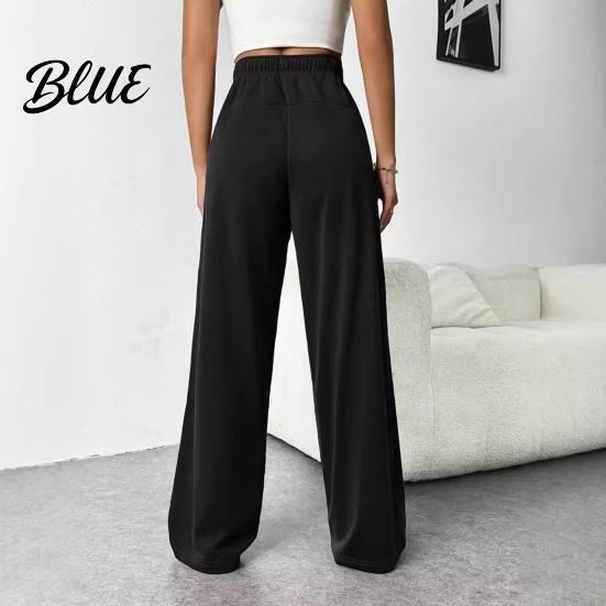 Solid Color Casual Pants Women Elastic High Waist Adjustable Drawstring Straight Wide Leg Trousers with Pockets Wide-leg