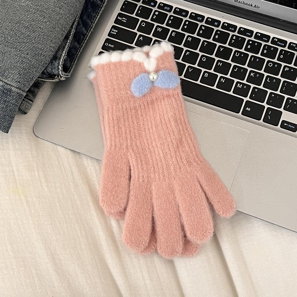 Bow knitted gloves women winter velvet warm cold students outdoor riding electric vehicle five fingers touch screen tide