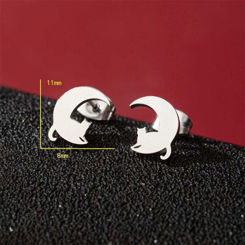 Korean Style Moon Cat Ear Studs: Elegant Stainless Steel Earrings for Women, Cute Cat Accessories.