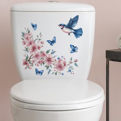 Watercolor Flower Bird Toilet Bathroom Toilet with Home Beautification Stickers Self-adhesive