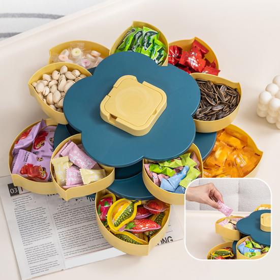 Single/Double Layer Rotating Snack Box with Lid 10 Compartment Divided Serving Tray Party Appetizers Smooth Swivel Lazy Susan Organizer