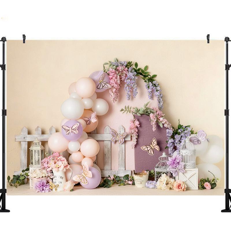 LS Colorful Purple Butterflies Garden Backdrop Kids Baby 1st Birthday Cake Smash Photocall Floral Spring Photo Props Background