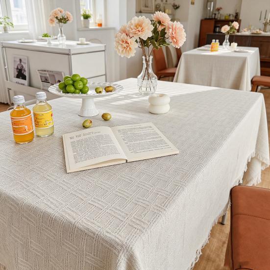 French Grid Tablecloth, Checkered Woven Table Cover for Dining Table, Rectangular Round Desk Mat for Coffee Table Nightstand, Home Decor