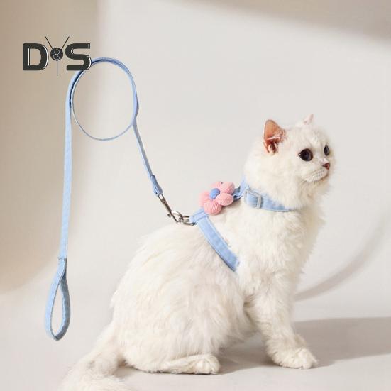 Set Ham Pisică Lesă Guler pentru Plimbat Reglabil Strat Dublu Ham Animal de Companie cu Decor Floral Guler Animal de Companie Anti-Evadare Lesă pentru Pisici Mici Medii