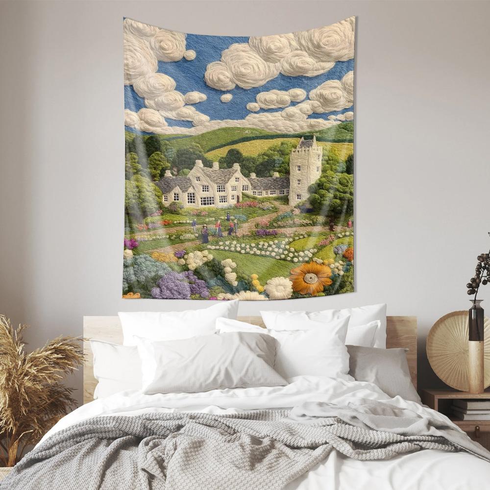 Pastoral Landscape Embroidery Tapestry  Idyllic Countryside Scene Wall Decoration Hanging Fabric 74x94cm(29x37in)