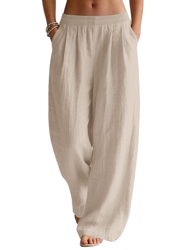 Women's Flowy Linen Wide-Leg Pants - Summer Beach Travel Wear with Elastic Waist & Pockets