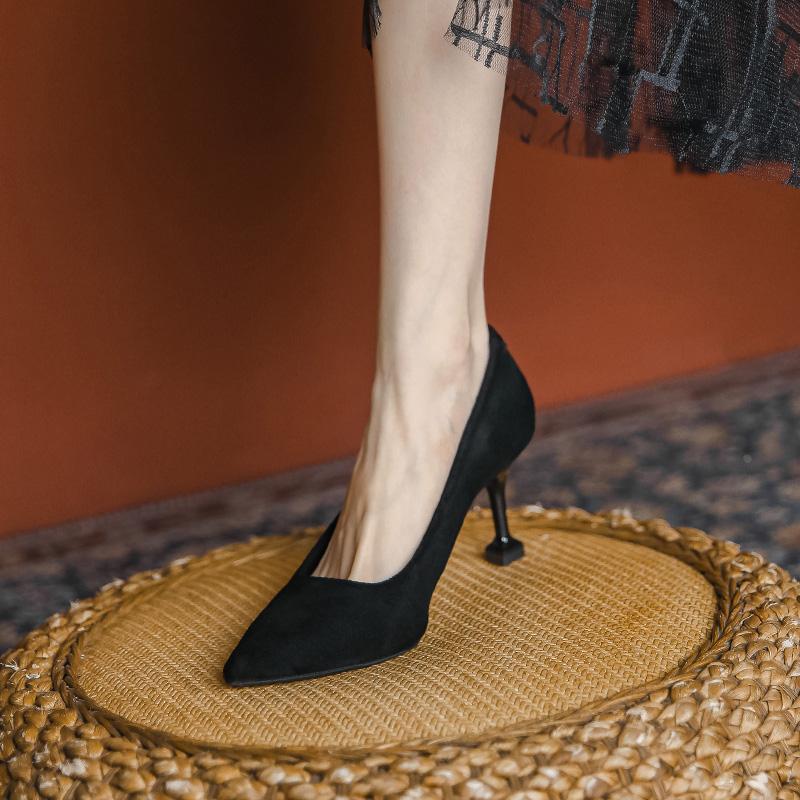 Suede stiletto pointed high heels summer 2025 new black light mouth single shoes professional not tired feet work shoes