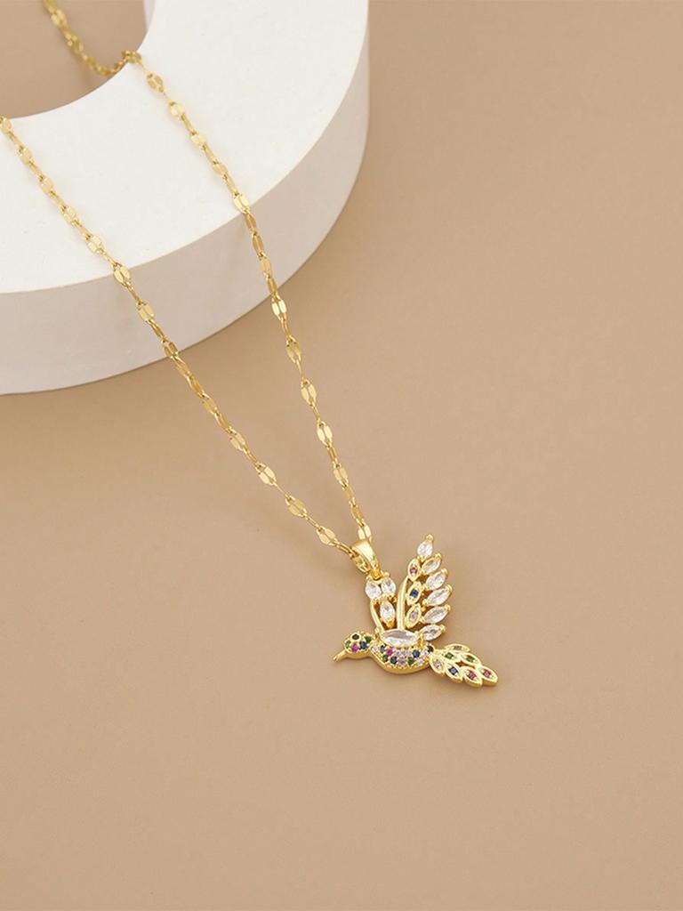 Stainless Steel Bird & Rhinestone Decor Necklace For Women, Holiday Gift