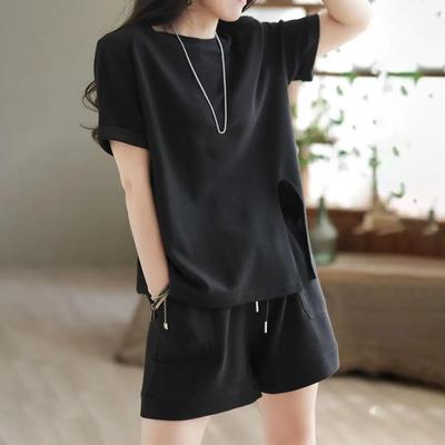 Ropa Deportiva de Moda para Mujer Camiseta Holgada de Color Sólido con Conjunto de Pantalones Cortos