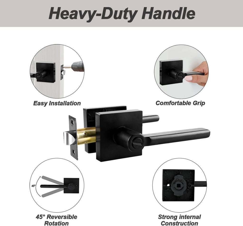 Black Door Handles Interior Door Knobs, Keyless Privacy Door Lock, Heavy Duty Zinc Alloy Door Leverset for Bedrooms Bathrooms