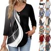 Damen 3/4 Ärmel V-Ausschnitt Knopfdekor Oberteil mit Geometrischem Print Lässige Lockere Passform Bluse für den Täglichen Gebrauch