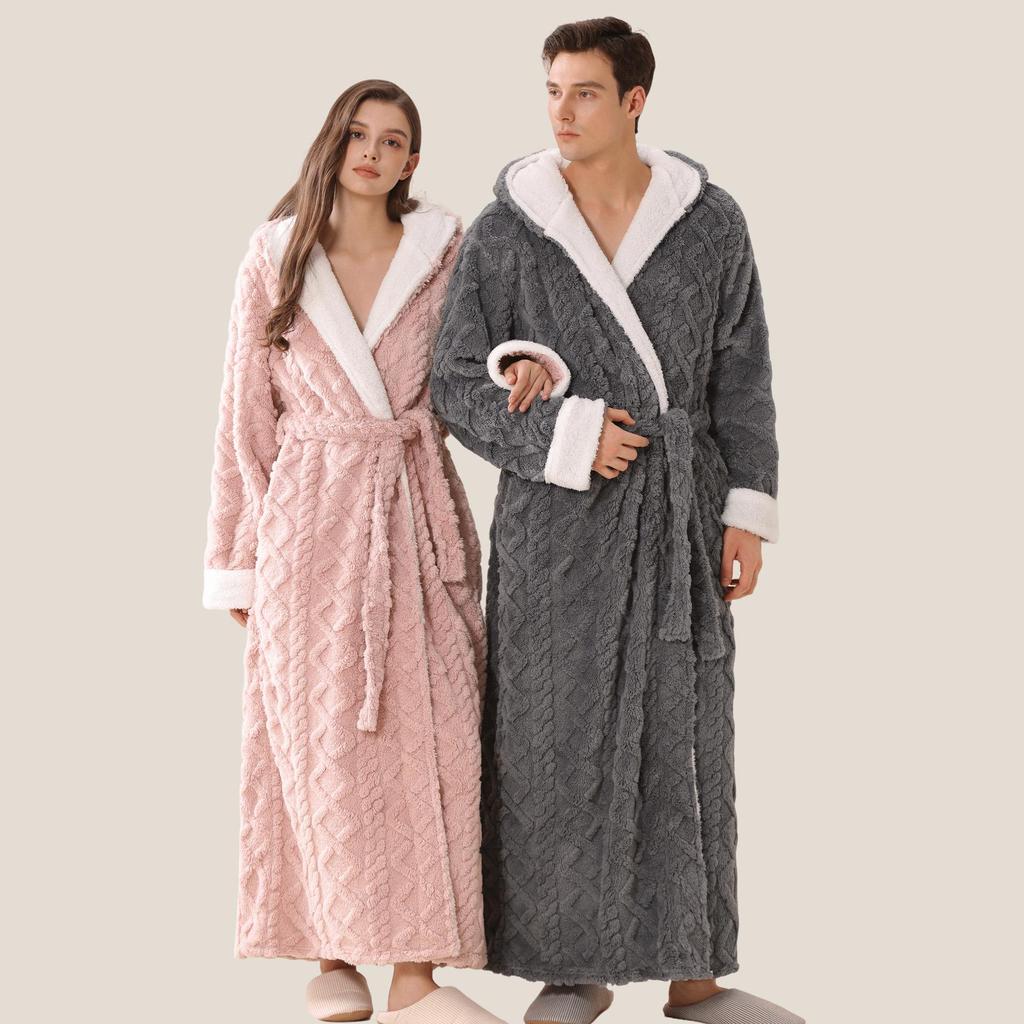 Women's Extra-Long Hooded Flannel Coral Fleece Bathrobe: Warm and Thickened for Couples