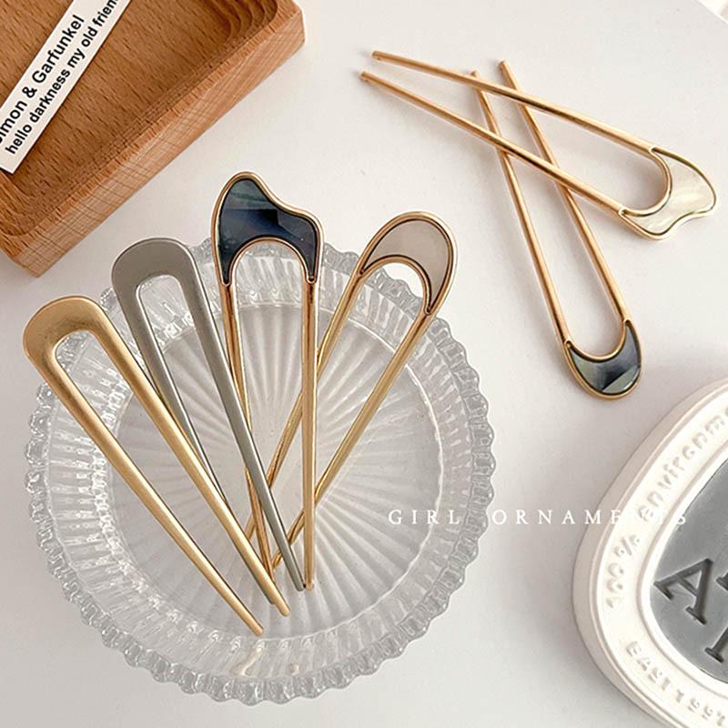 Stylish U-Shaped Metal Hairpin with Imitation Shell Inlay for Elegant Updo Hairstyles