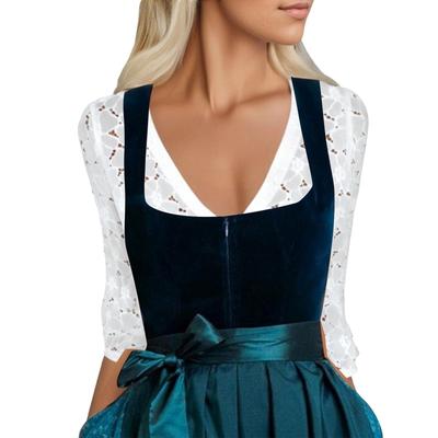 Women's Traditional Oktoberfest Dirndl Dress with Hollow Out Long Sleeve Blouse and Sleeveless Pinafore Style Bodice for Festive Wear