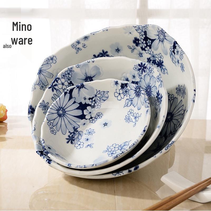 Mino Ware Hand-Painted Blue and White Ceramic Bowl - Japanese Embossed Tableware for Sushi and Soup.