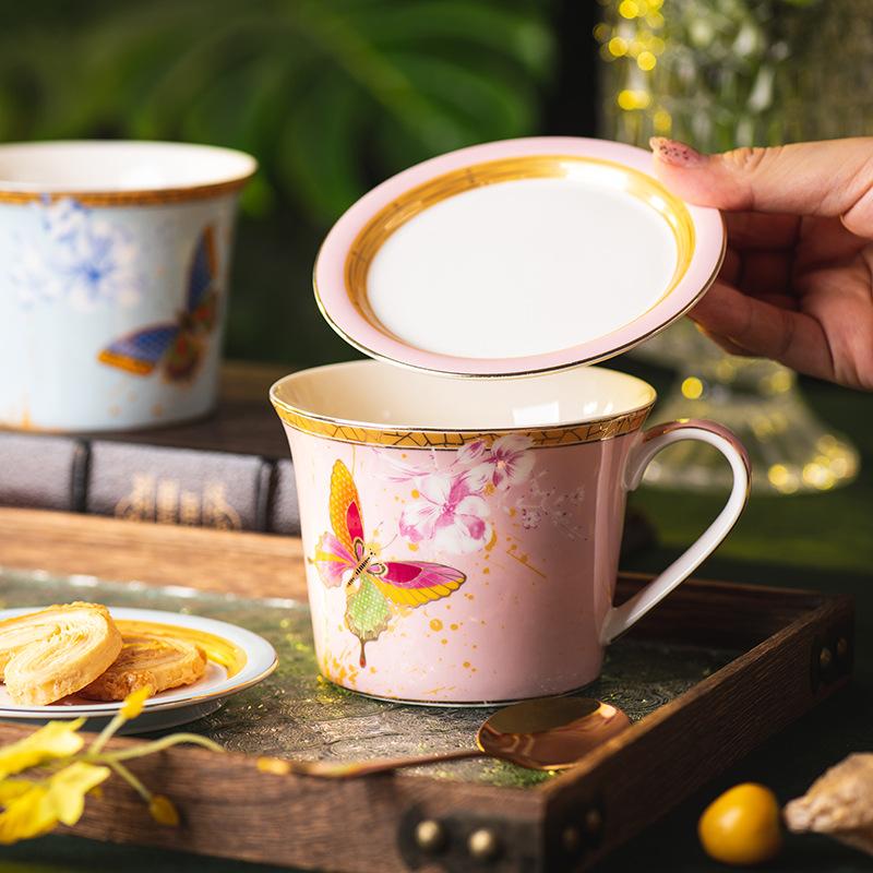 430ml Ceramic Butterfly Coffee Cup with Lid Exquisite Afternoon Tea Floral Tea Coffee Cup Painted Butterfly Mug Home Milk Mug