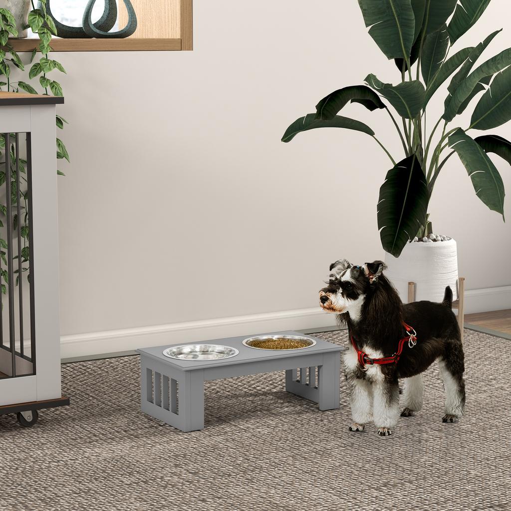 Raised Dog Feeding Bowls with Stand, Stainless Steel for Extra Small and Small Dog, 44L x 24W x 15H cm - Grey