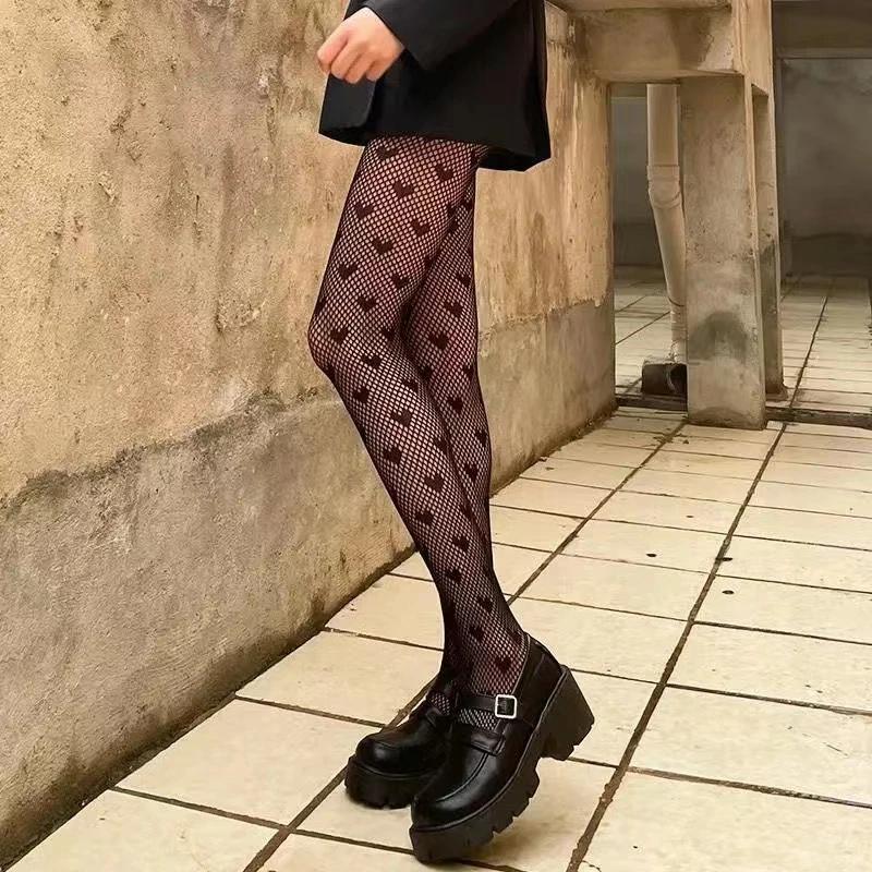 Heart Flower Mesh Stockings Japanese Girl Lolita Ins Tights White Fishnet Pantyhose Female for Women Summer Legging Stocking