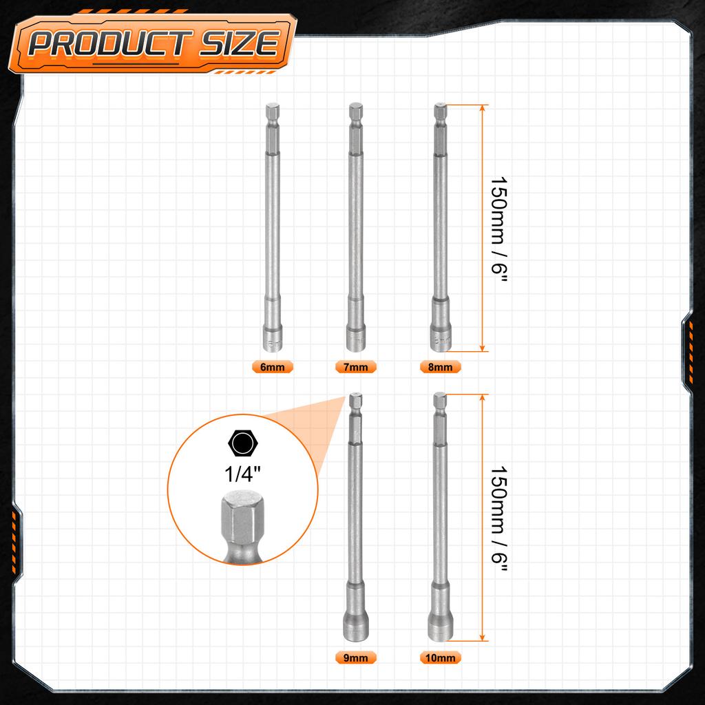 3-15pcs Nut Driver Drill Bit Set 5.5-19mm Metric Impact Socket 1/4" Hex Shank 6" (150mm) Extra Long Magnetic 6-Point Sockets