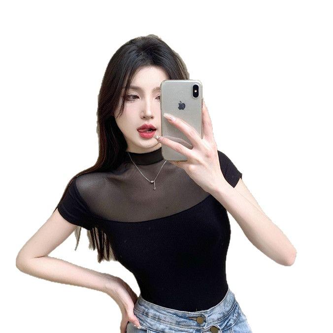 Spicy Girl Summer Mesh Splicing Slim Fit T-Shirt