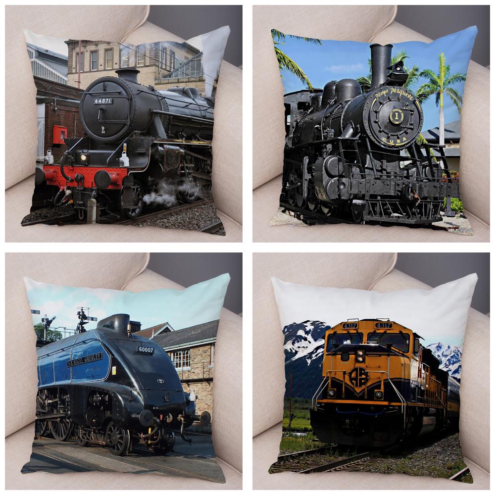 Pillowcase Vintage Style Steam Train Decor Retro Colorful Car Cushion Cover