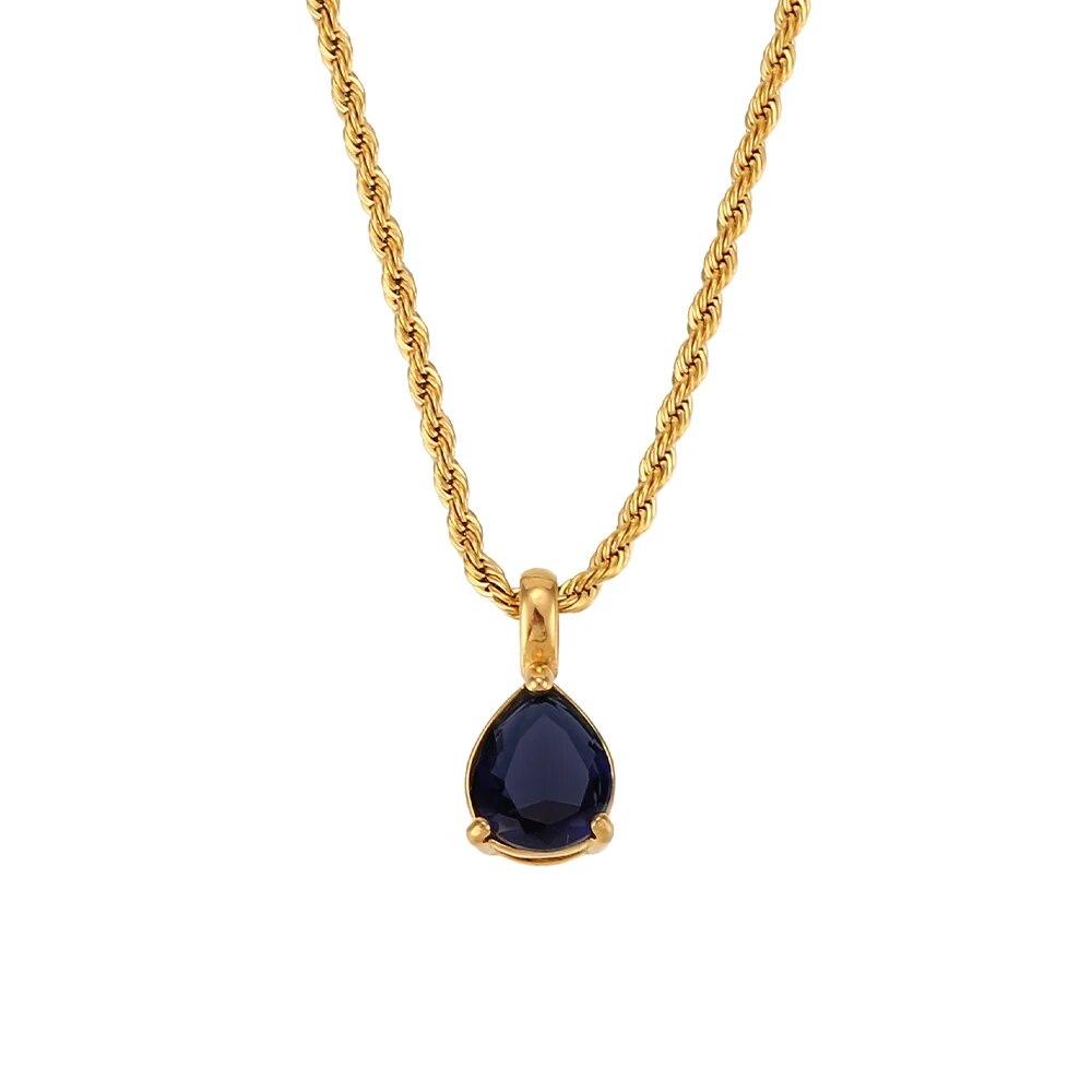 2022 Waterproof Fashion Birthstone Necklace Jewelry Gift For Women 12 Colors Zircon Waterdrop Pendant Necklace with Rope Chain
