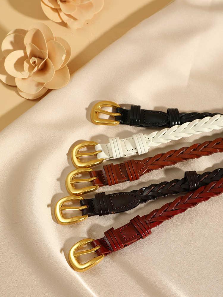 Fashion Ladies Braided Leather Belt Skinny Woven Waist Belt Gold Pin Buckle Casual Decorative Waistband For Dresses Pants